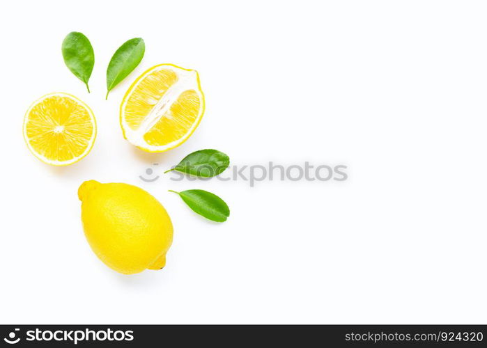 Lemon and slices with leaves isolated on white background. Copy space