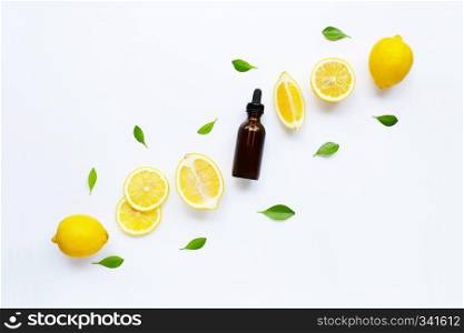 lemon and slices with leaves isolated  white background.