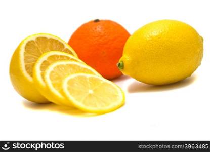 lemon and tangerine on white background