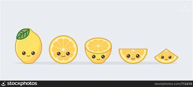 Lemon cute kawaii mascot. Set of funny kawaii drawn fruit in the cut