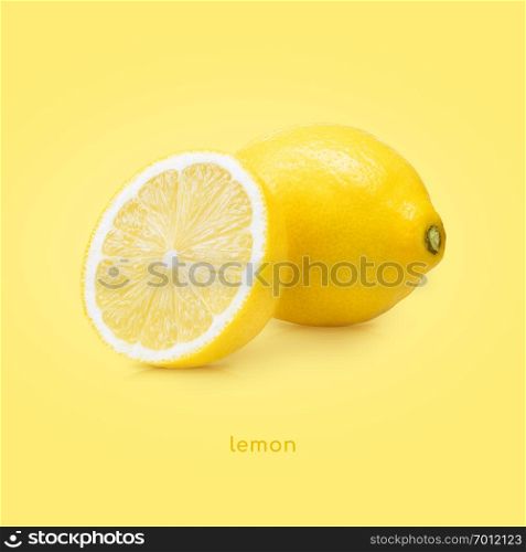 Lemon fruit isolated on yellow background. Lemon fruit