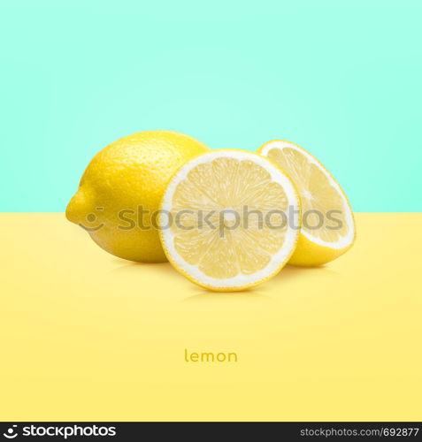 Lemon fruit isolated on yellow blue background. Lemon fruit