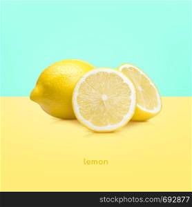 Lemon fruit isolated on yellow blue background. Lemon fruit