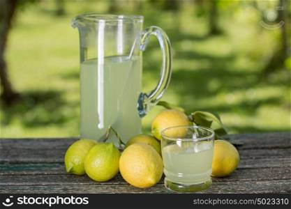 lemon juice on a wooden table, autumn set, outdoor