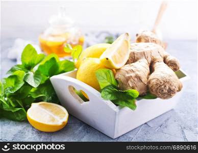 lemon,mint and gingers on a table