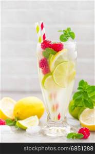 Lemon mojito cocktail with lime mint and raspberry cold drink with ice.