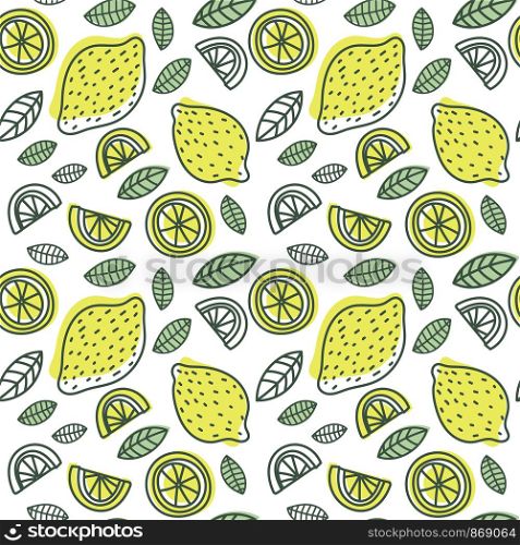Lemon seamless pattern. Hand drawn fresh tropical citrus fruit. Vector sketch background. Doodle wallpaper. Yellow print