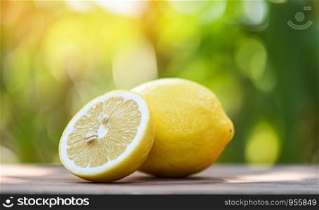 lemon slice close up and lemon fruit on summer nature background