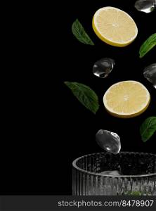 Lemon slices, ice cubs and mint leaves falling into glass with drink, 3d rendering