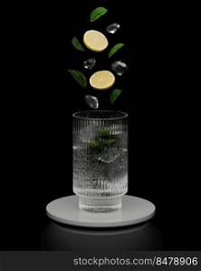  Lemon slices, ice cubs and mint leaves falling into glass with drink on black background, 3d rendering
