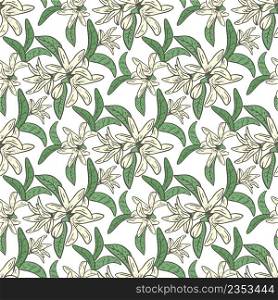 Lemon tree blossom seamless pattern. Background with snowy small white flowers and leaves. Botanical natural template for fabric, paper, wallpaper design vector illustration. Lemon tree blossom seamless pattern