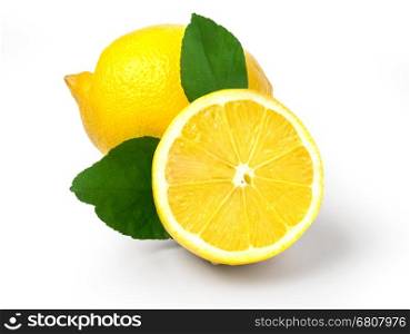 Lemon with leaves on white background with clipping path