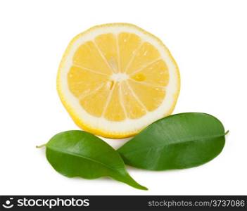 Lemon yellow with two leaves isolated on white background