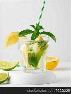 Lemonade in a transparent glass with lemon, lime, rosemary sprigs and mint leaves on a white background