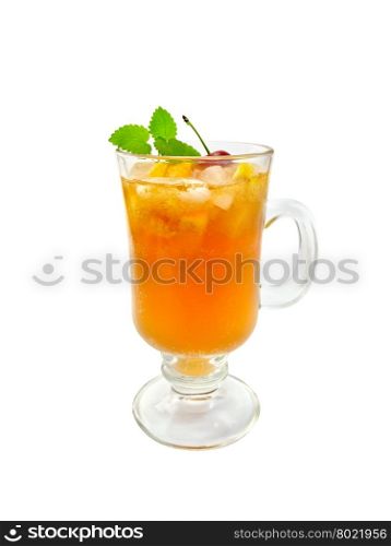 Lemonade in a wineglass with a cherry, lemon and orange, mint isolated on white background