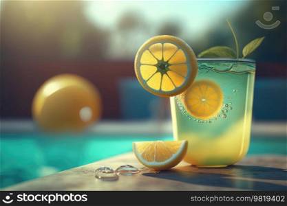 Lemonade on pool background. Illustration AI Generative