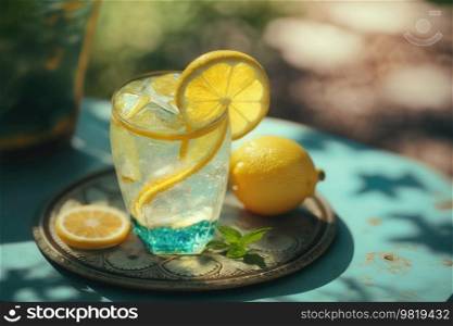 Lemonade on pool background. Illustration AI Generative
