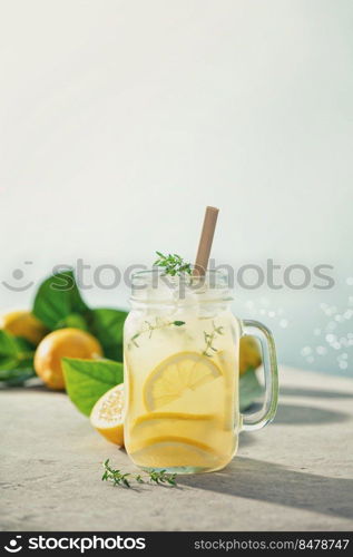 Lemonade with ingredients close up. Summer cocktails with blurred sea on background