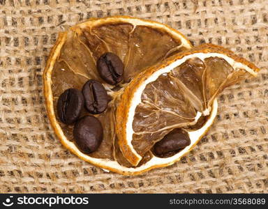 lemons and coffee beans on burlap