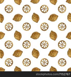 Lemons gold hand painted seamless pattern. Abstract citrus golden background. Fruit glitter luxury texture in vintage style.. Lemons gold hand painted seamless pattern. Abstract citrus golden background. Fruit glitter texture in vintage style.