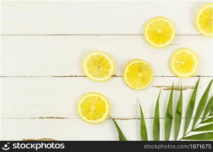 lemons palm leaf table. High resolution photo. lemons palm leaf table. High quality photo