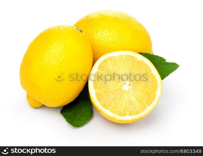 Lemons with leaves on a white background. With clipping path
