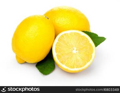 Lemons with leaves on a white background. With clipping path