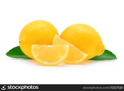 Lemons with leaves on white background.