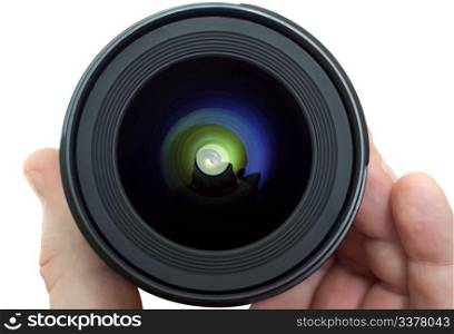 lens in a man&rsquo;s hand isolated on white