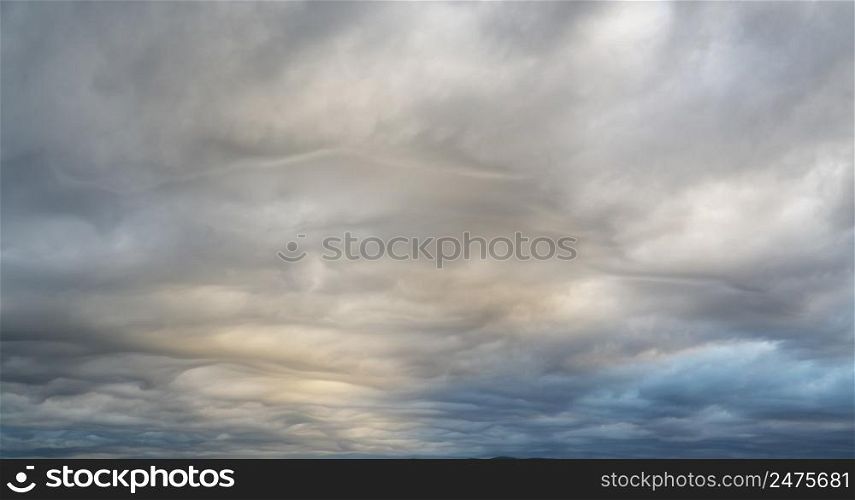 Lenticular clouds sky panorama. Nature coludscape.