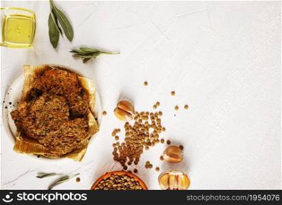 Lentil cutlets on papaer. Healthy vegan food concept.