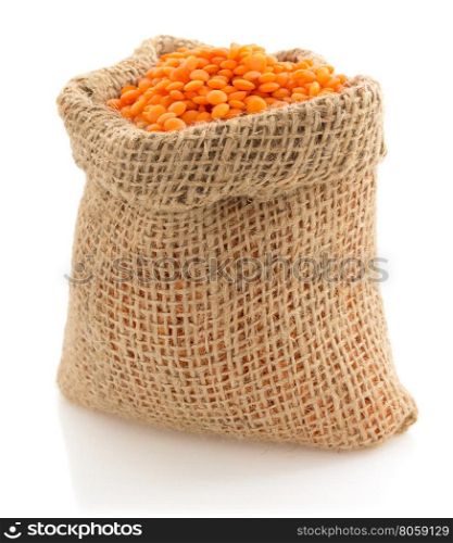 lentil in sack bag on white background