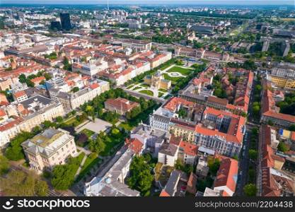 Lenuci Horseshoe. Green zone of Zagreb historic city center aerial view, famous landmarks of capital of Croatia