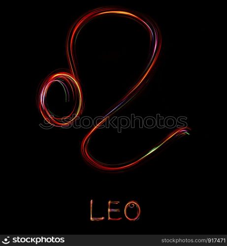 ""Leo",Zodiac sign from led light on black background. "