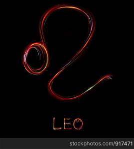 ""Leo",Zodiac sign from led light on black background. "