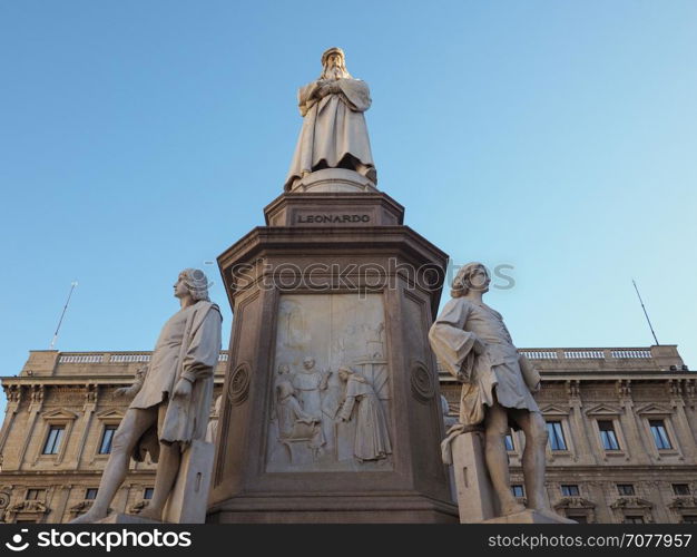 Leonardo da Vinci monument in Milan. Monument to Leonardo da Vinci in Piazza della Scala (meaning La Scala square) designed by sculptor Pietro Magni in 1872 in Milan, Italy