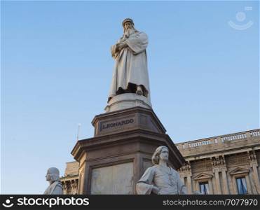 Leonardo da Vinci monument in Milan. Monument to Leonardo da Vinci in Piazza della Scala (meaning La Scala square) designed by sculptor Pietro Magni in 1872 in Milan, Italy