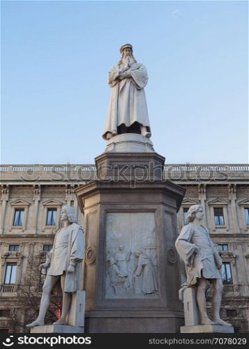 Leonardo da Vinci monument in Milan. Monument to Leonardo da Vinci in Piazza della Scala (meaning La Scala square) designed by sculptor Pietro Magni in 1872 in Milan, Italy