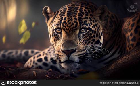 Leopard lurking in a rainforest at night portrait. Ai Generated illustration. . Leopard lurking in a rainforest at night portrait. Ai Generated. 