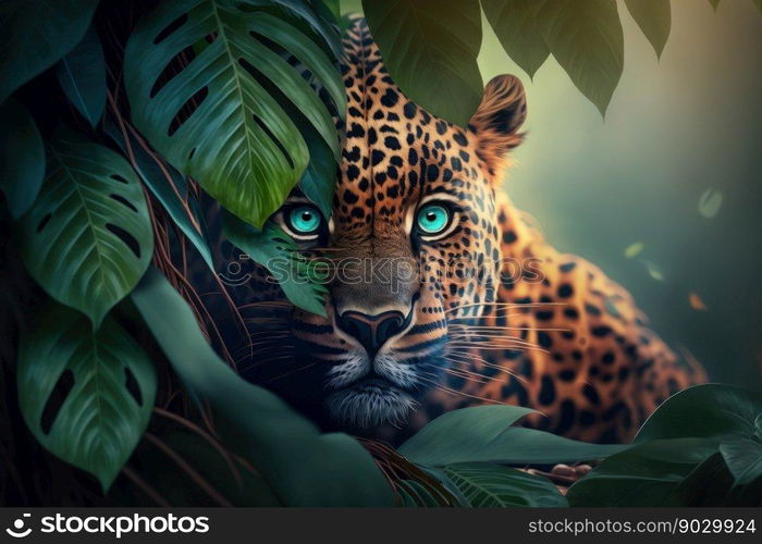 Leopard portrait on jungle background, digital illustration painting, Generative AI