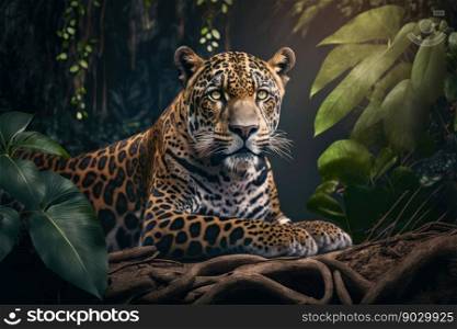 Leopard portrait on jungle background, digital illustration painting, Generative AI
