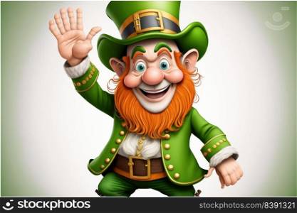 Leprechaun in green suit with red beard on white background. Funny main character of Irish festivity. Saint Patrick day, human emotions, celebration, traditional holidays. Generative AI