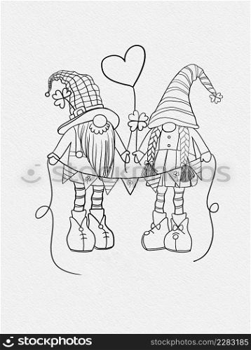 Leprechaun with four leaves clovers hand draw in black and white on water paper, illustration line art an Irish gnomes or Scandinavian Dwarfs holding flags with shamrock a luck symbols for colouring