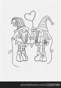 Leprechaun with four leaves clovers hand draw in black and white on water paper, illustration line art an Irish gnomes or Scandinavian Dwarfs holding flags with shamrock a luck symbols for colouring