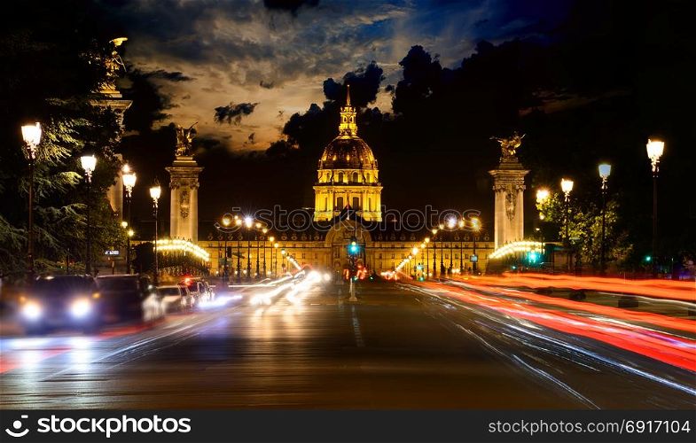 Les Invalides illuminated at night in Paris, France