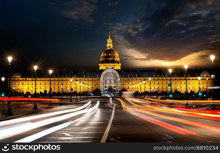 Les Invalides in Paris with evening illumination, France