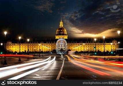 Les Invalides in Paris with evening illumination, France