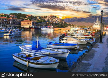 Lesbos (lesvos) island . Greece. Molyvos (Mithymna) town over sunset