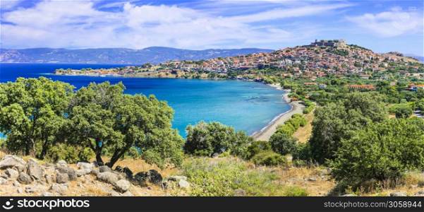 Lesbos (lesvos) island . Greece. view of Molyvos (Mithymna) town and beach