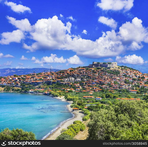 Lesbos (lesvos) island . Greece. view of Molyvos (Mithymna) town and beach